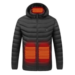 COMIOR Electric Heated Jacket, Men Women Heated Hoodie Coat, USB Rechargeable Electric Heating Jacket with 9 Heating Zones Body Warmer Coat Hooded Down Jacket for Winter Outdoor Working Sports