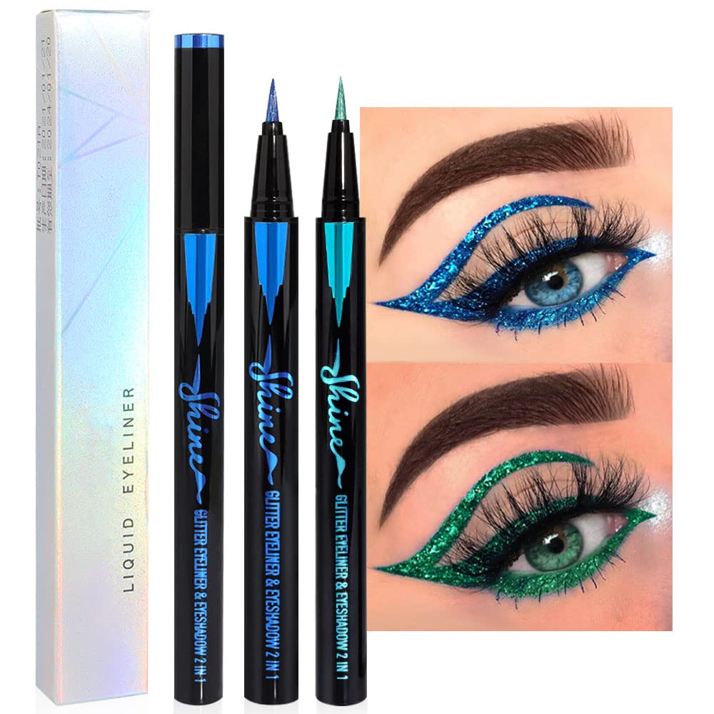 evpct 2Pcs Metallic Royal Blue & Green Glitter Glittering Diamond Liquid Eyeliner Eye Makeup Pencil Set, Sparkle Shimmer Colored Eyeliner Pen Waterproof Smudge Proof Long Lasting High Pigmented