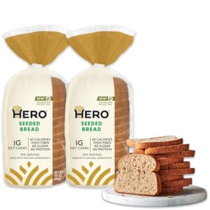 hero seeded bread — delicious bread with 1g net carb, 0g sugar, 60 calories, 12g fiber per slice | tastes like regular bread | low carb & keto friendly bread loaf —15 slices/loaf, 2 loaves