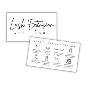 lash aftercare extension care cards | 50 pack | eyelash false 2 x 3.5” inches symbols 2-3 week refill instructions minimalist gold foil appearance pink white and black how to care for your extensions