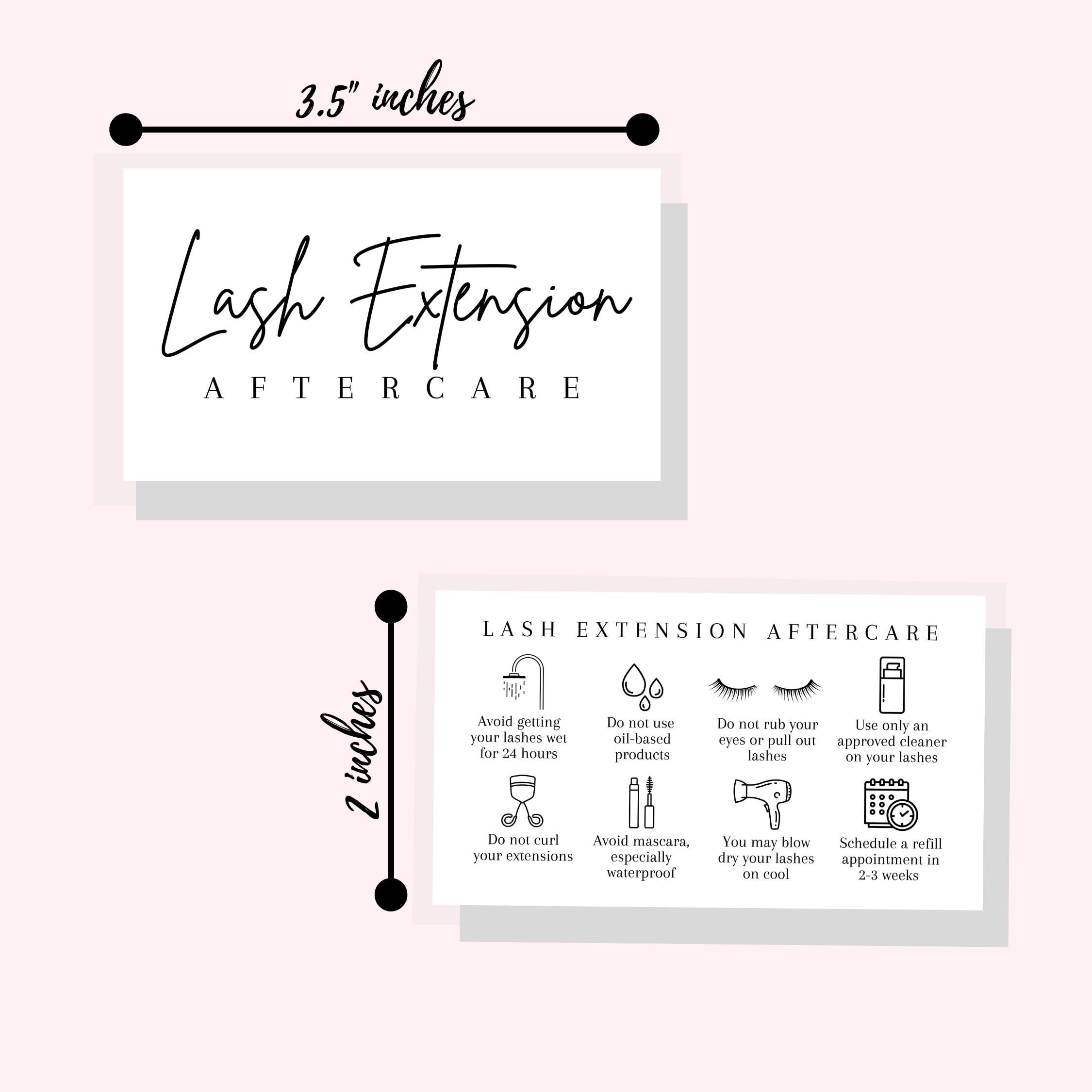 Lash Aftercare Extension Care Cards | 50 Pack | Eyelash False 2 x 3.5” inches Symbols 2-3 Week Refill Instructions Minimalist Gold foil Appearance Pink White and Black How to Care for Your Extensions