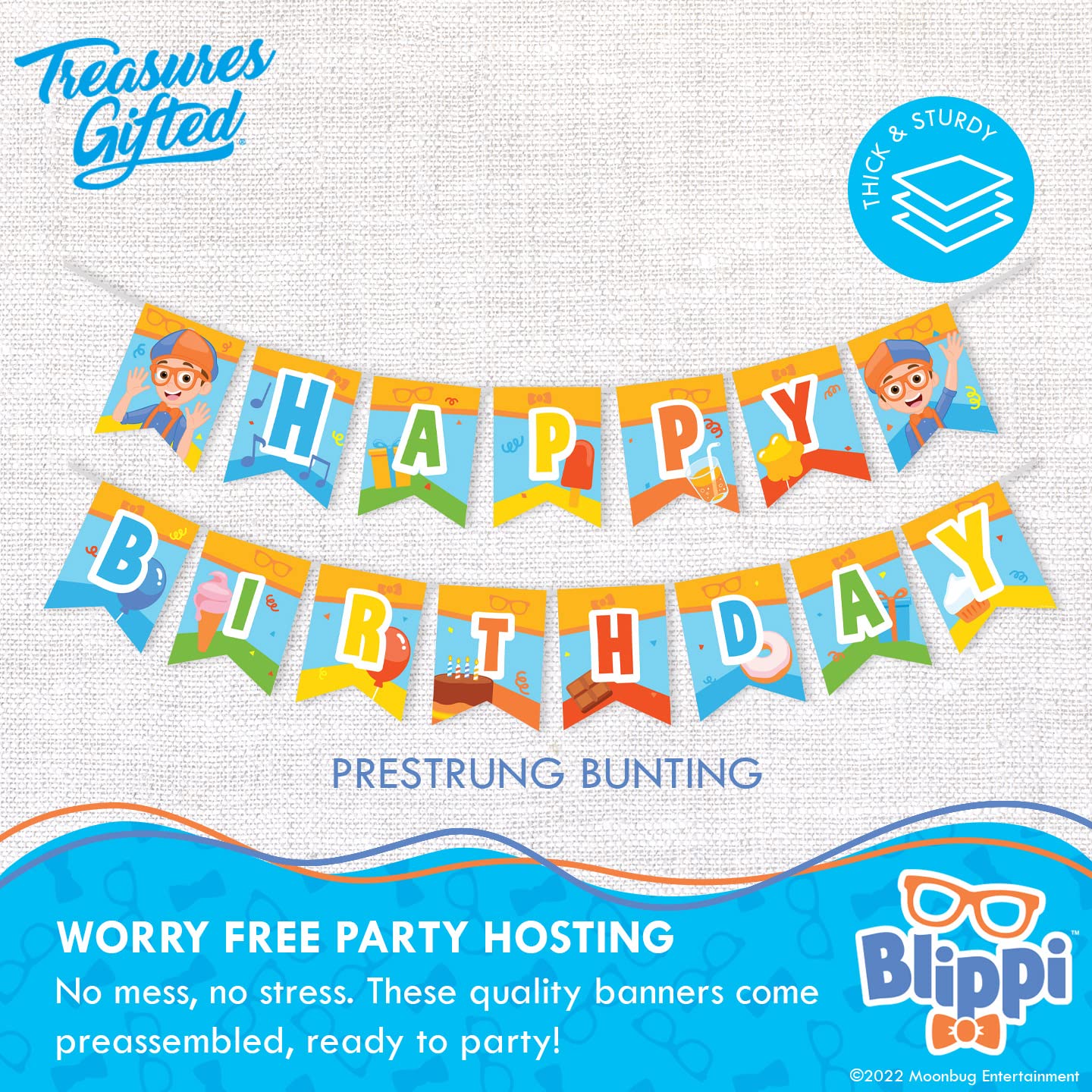 Treasures Gifted Officially Licensed Blippi Banner - Blippi Happy Birthday Banner - Blippi Birthday Party Supplies - Blippi Party Decorations - Blippi Birthday Banner - Blippi Party Supplies