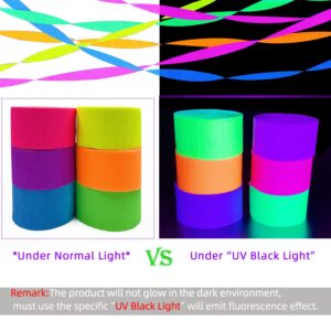 600 feet Glow Crepe Paper Streamers UV Glow Party Neon Streamer Decorations Glow in The Dark Black Light Reactive Fluorescent Neon Paper Party Streamers Wedding Birthday Blacklight Party Supplies