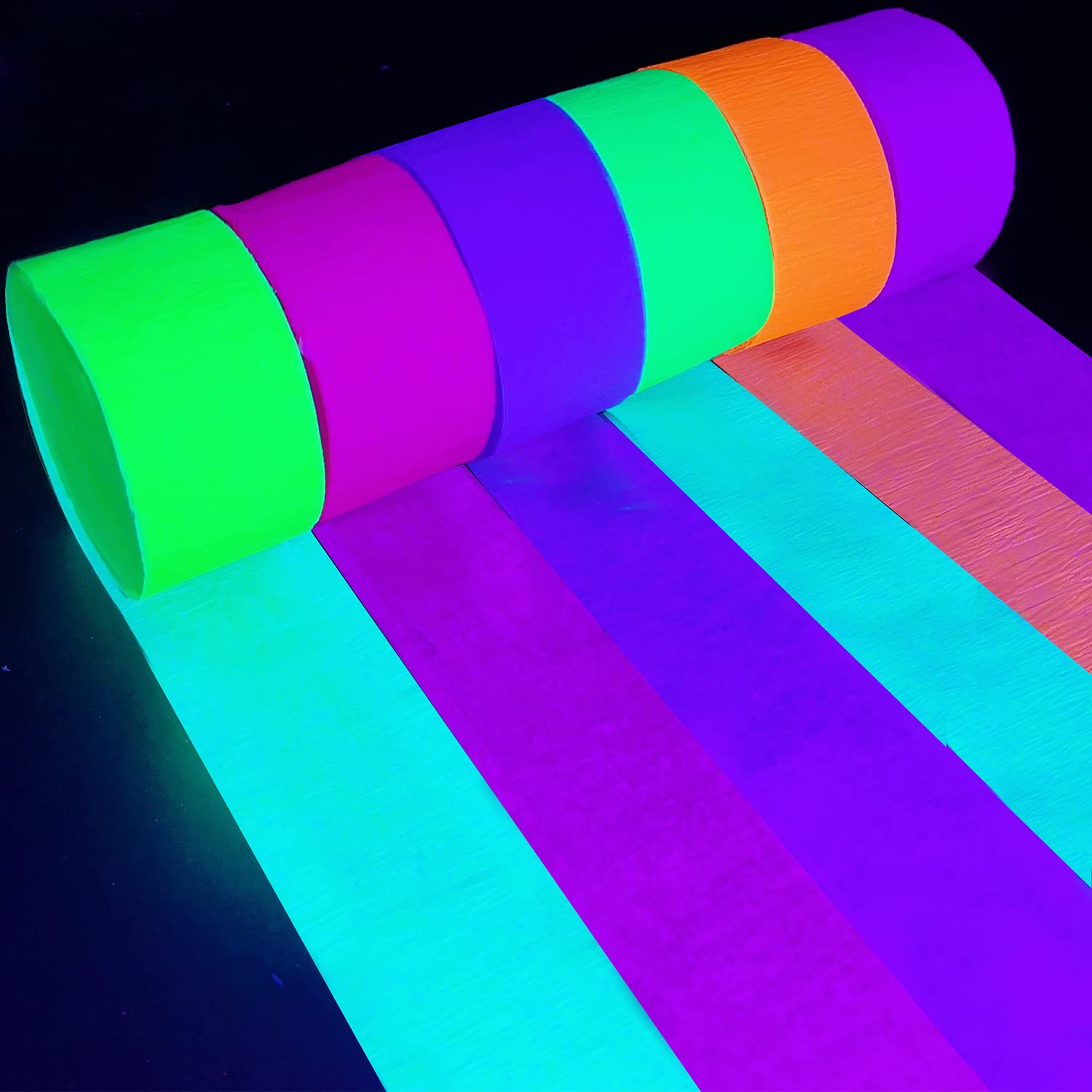 600 feet Glow Crepe Paper Streamers UV Glow Party Neon Streamer Decorations Glow in The Dark Black Light Reactive Fluorescent Neon Paper Party Streamers Wedding Birthday Blacklight Party Supplies