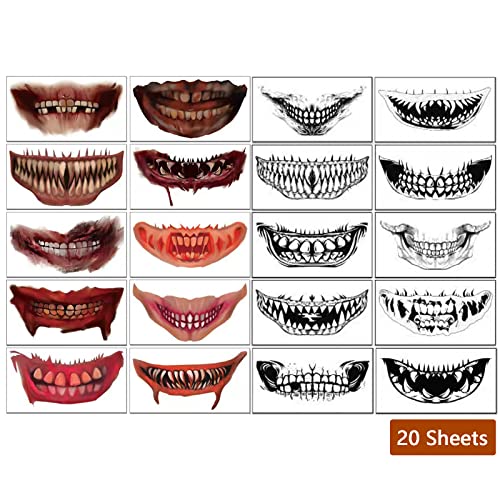 20Pcs Halloween Prank Makeup Temporary Tattoo Clown Horror Mouth Tattoo Stickers Scary Big Mouth Masquerade Prank Props Fake Tattoos for Halloween Cosplay Party