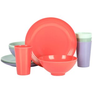 gibson home zelly 12 piece embossed coupe melamine dinnerware set - orange, green, teal, purple, service for four (12pcs)