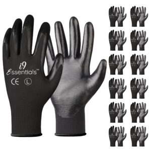 i9 essentials multi-purpose black work gloves large (12 pairs) - pu coated safety gloves for men - seamless lightweight safety gloves for woodworking, gardening, construction work gloves for men pairs