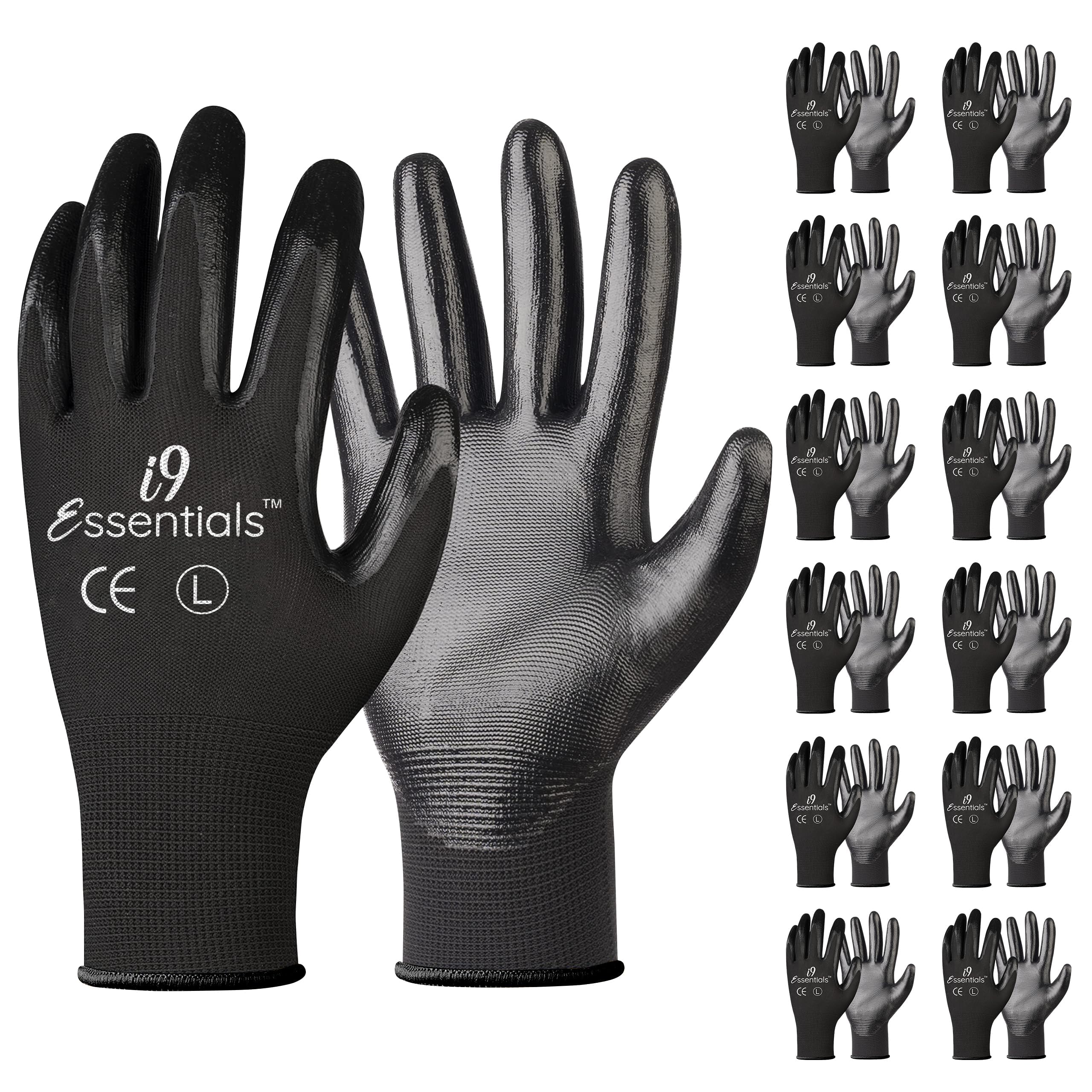 I9 Essentials Multi-Purpose Black Work Gloves Large (12 Pairs) - PU Coated Safety Gloves for Men - Seamless Lightweight Safety Gloves for Woodworking, Gardening, Construction Work Gloves for Men Pairs