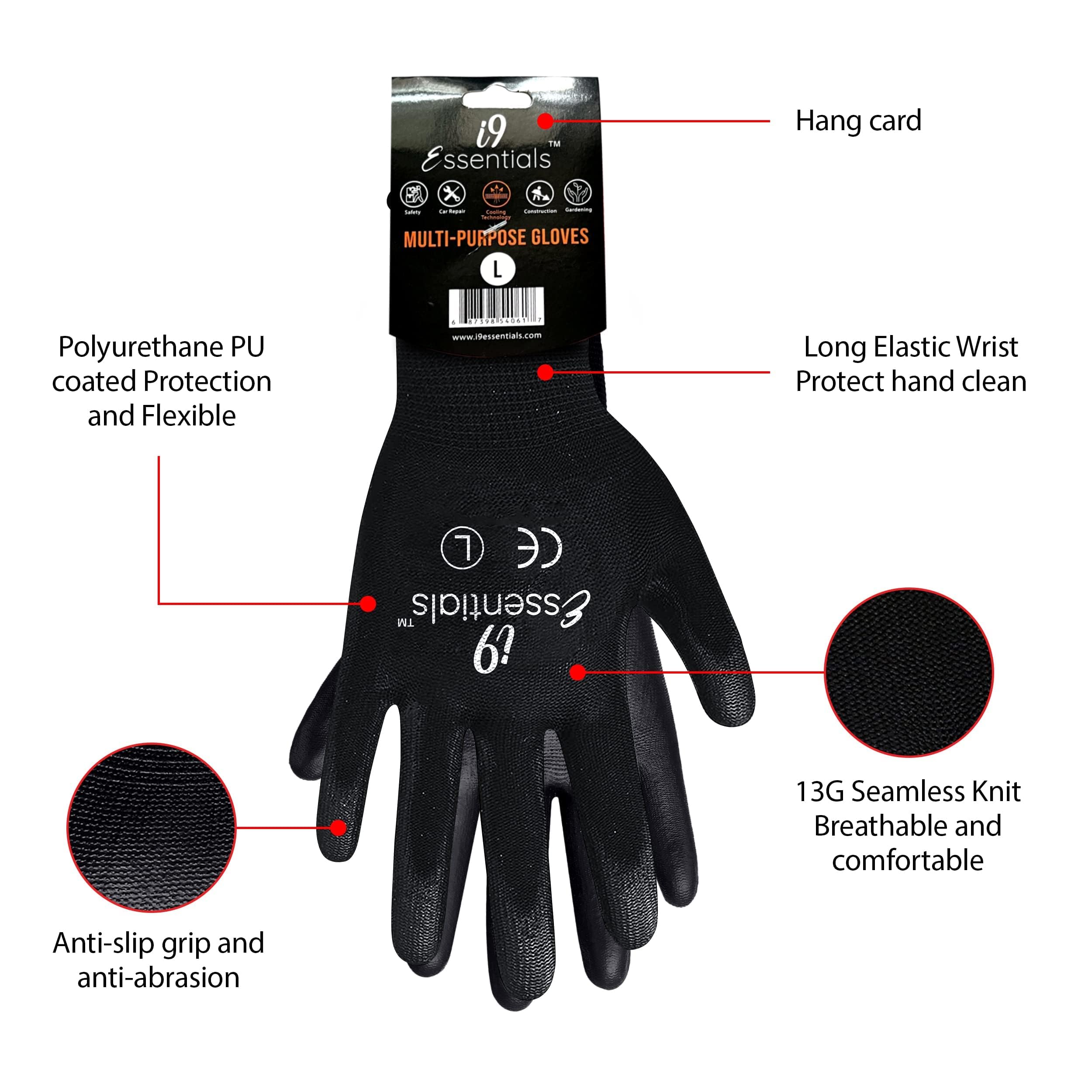 I9 Essentials Multi-Purpose Black Work Gloves Large (12 Pairs) - PU Coated Safety Gloves for Men - Seamless Lightweight Safety Gloves for Woodworking, Gardening, Construction Work Gloves for Men Pairs