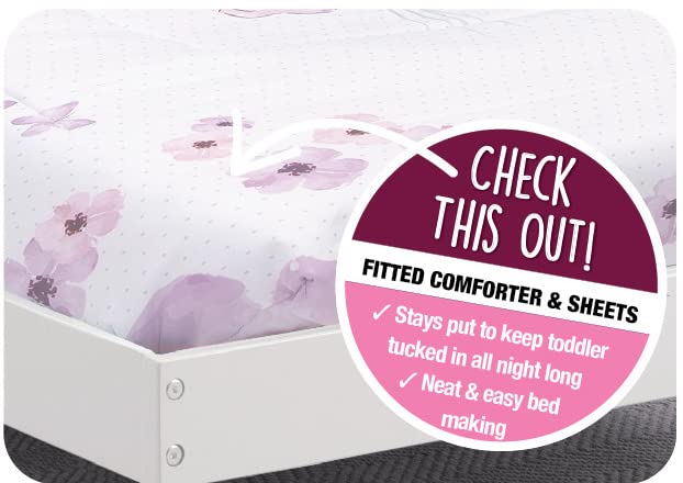 Delta Children 4 Piece Toddler Bedding Set for Girls - Reversible 2-in-1 Comforter - Includes Fitted Comforter to Keep Little Ones Snug, Bottom Sheet, Top Sheet, Pillow Case - Purple Bouquet