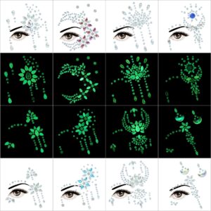 luminous face gems, 8sets noctilucent face jewels stick on eyes body rave festival makeup glow in dark-rhinestones jewelry temporary tattoos stickers halloween costumes and parties accessories