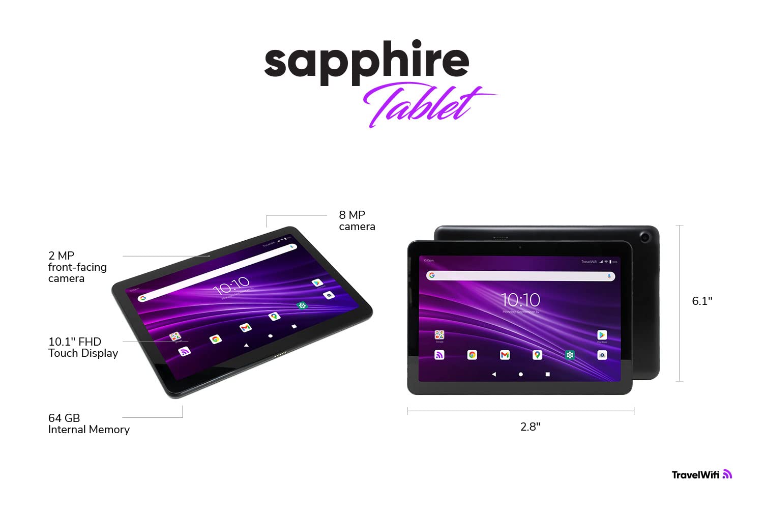 TravelWifi Sapphire Tablet Mobile Hotspot, 10.1" Full HD Touch Screen, Portable WiFi Hotspot for Travel in 130+ Countries, Preloaded 3GB Free Global Data, CloudSIM Technology