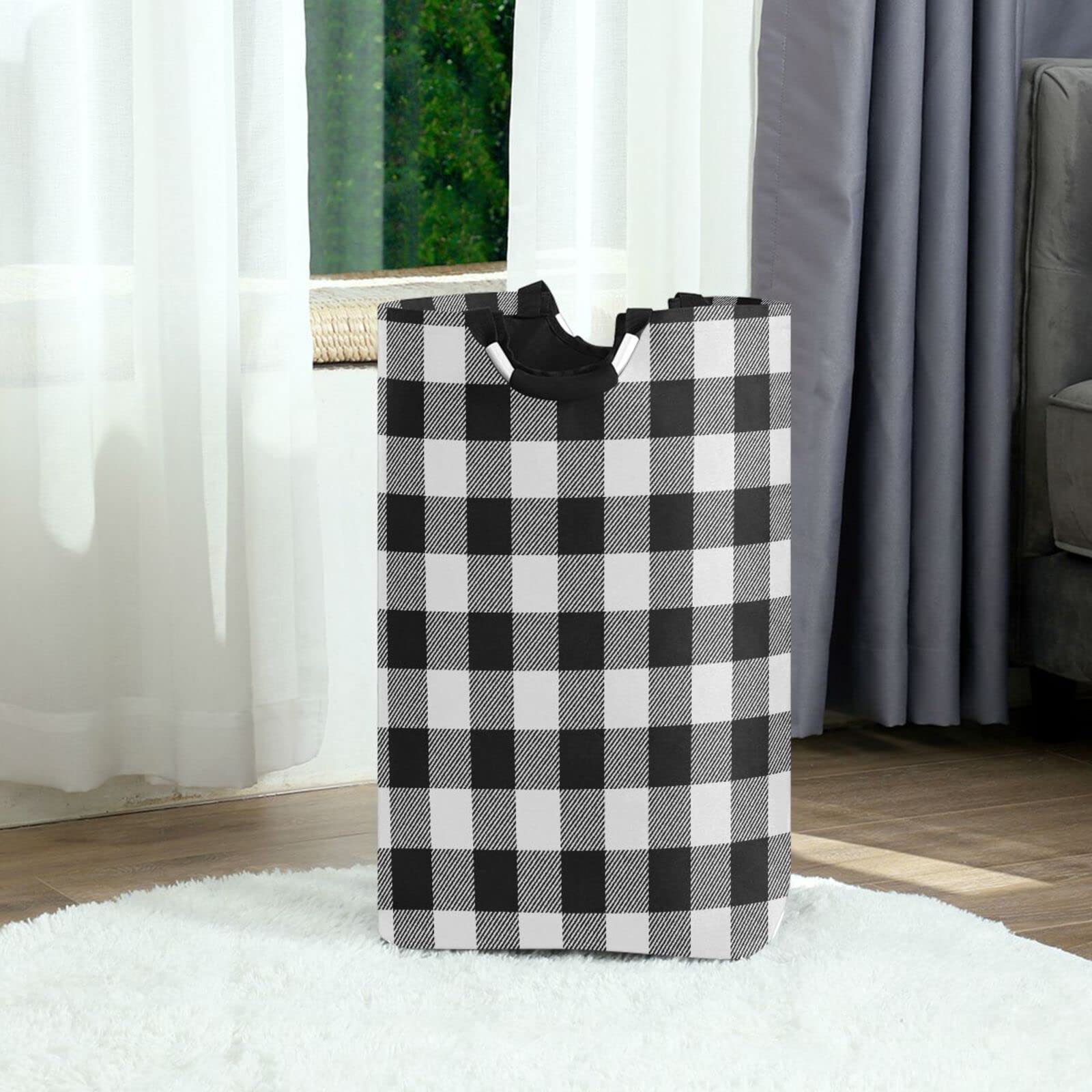 Kigai Black and White Buffalo Plaid Laundry Basket Foldable Large Laundry Hamper Bucket with Handles Collapsible Nursery Storage Bin for Kids Clothes Toy