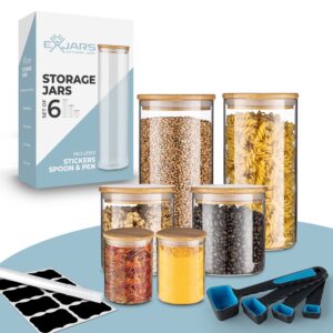6 glass food storage jars with airtight bamboo lid | 3 sizes of containers with spoons and labels | organize your pantry, kitchen, or bathroom. good for pasta, use them for coffee, food, or soap