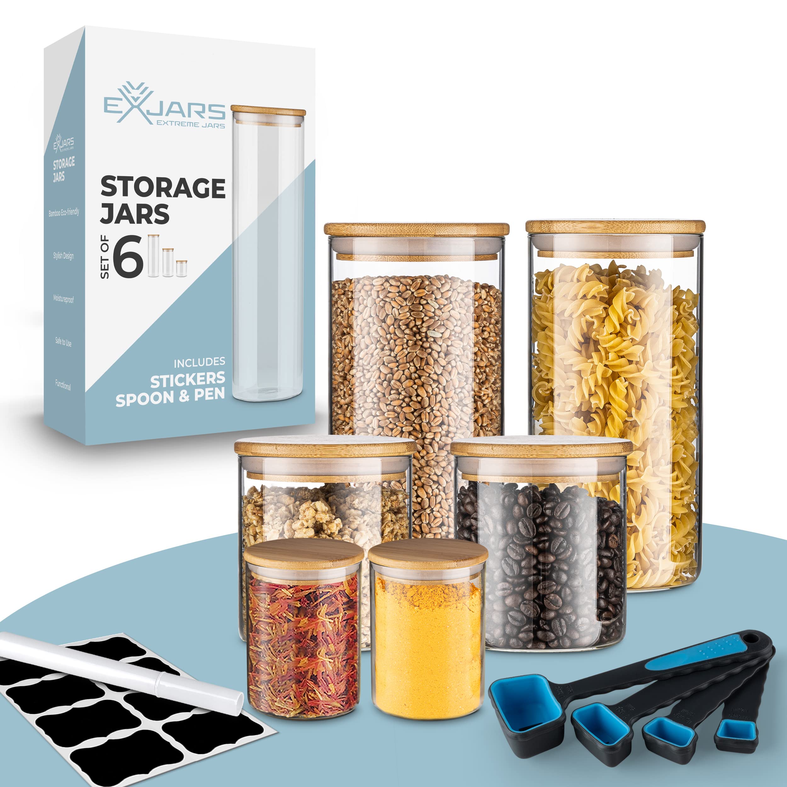 6 Glass Food Storage Jars With Airtight Bamboo Lid | 3 Sizes of Containers with Spoons And Labels | Organize Your Pantry, Kitchen, or Bathroom. Good for Pasta, Use Them For Coffee, Food, or Soap