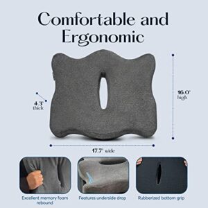 SUTERA Proper Posture Seat Cushion for Office Chair or Car Seat, Superior Memory Foam for Support and Back Pain Relief, Rubber Grips Underneath to Prevent Shifting (17.7x16x4.3 inches)