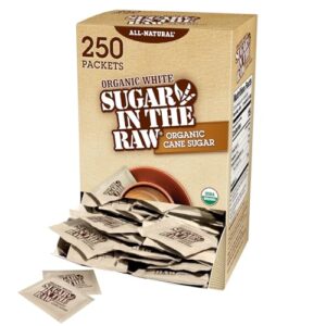 sugar in the raw organic granulated white premium cane sugar, no added flavors or erythritol, pure natural sweetener, hot & cold drinks, coffee, tea vegan, gluten-free, non-gmo, bulk sugar, 250 ct packets (1-pack)