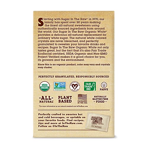 Sugar In The Raw Organic Granulated White Premium Cane Sugar, No Added Flavors or erythritol, Pure Natural Sweetener, Hot & Cold Drinks, Coffee, Tea Vegan, Gluten-Free, Non-GMO, Bulk Sugar, 250 ct packets (1-Pack)