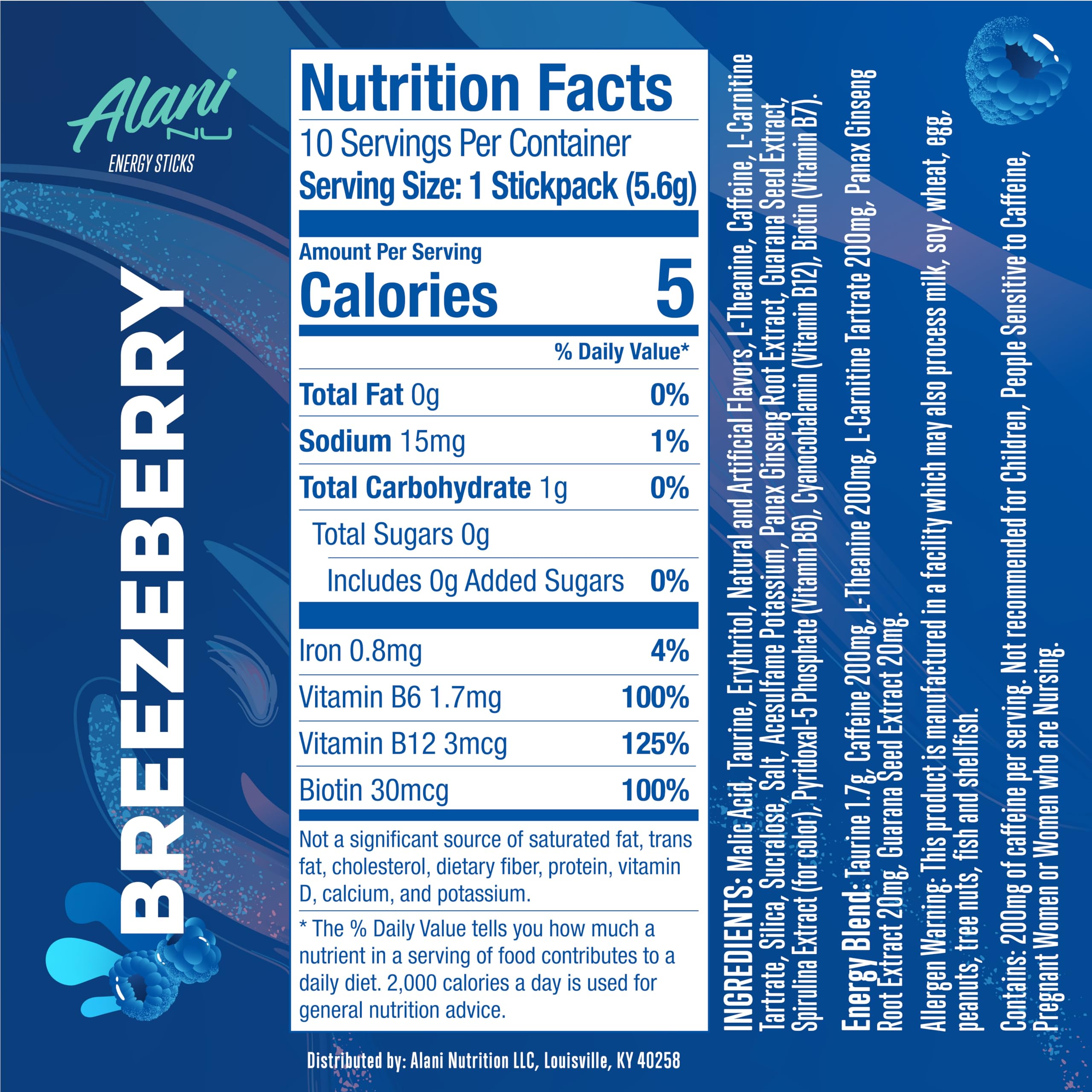 Alani Nu BREEZEBERRY Energy Sticks | Energy Drink Powder | 200mg Caffeine | Pre Workout Performance with Antioxidants | On-The-Go Drink Mix | Biotin, B Vitamins | Zero Sugar | 5 Calories | 10 Pack