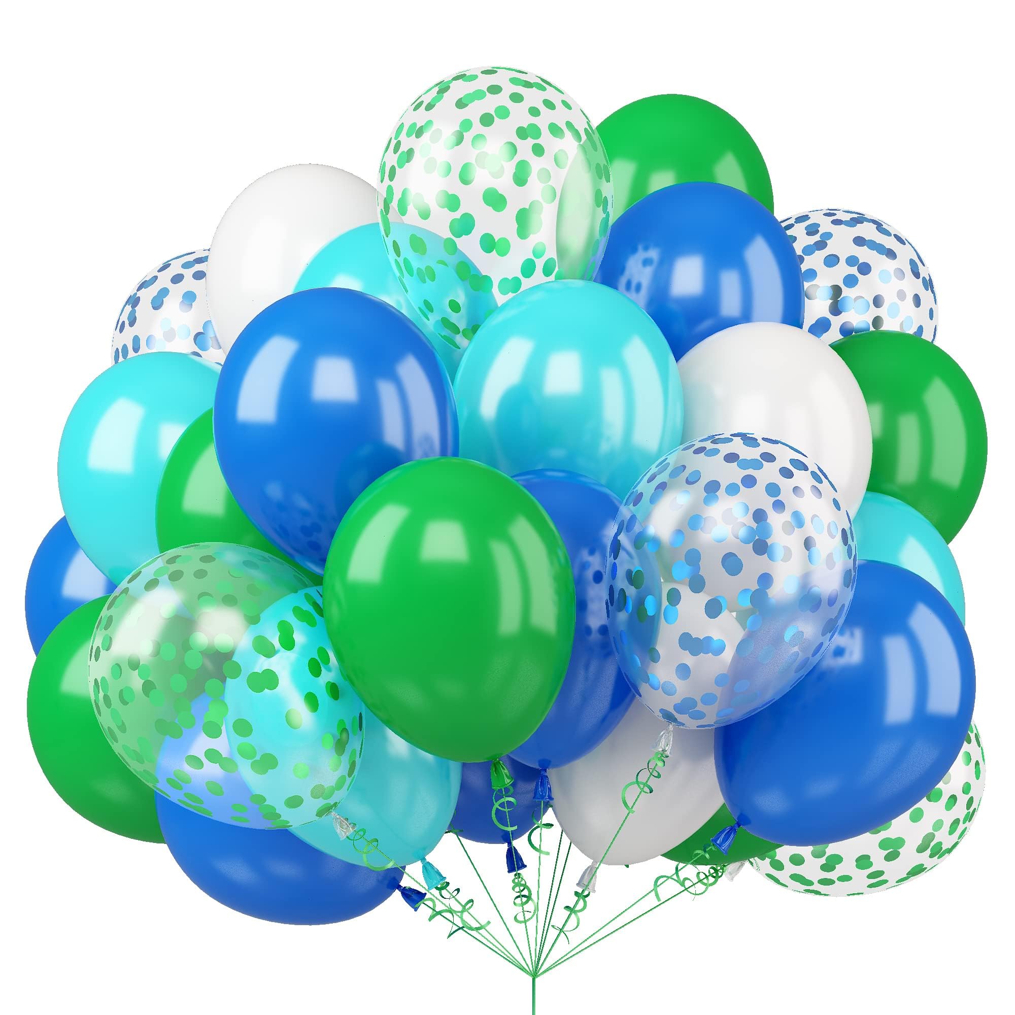 50Pcs Blue Green Balloons 12inch Light Green Blue Vintage Klein Blue Green Confetti Balloons with Ribbons for Boys Birthday Party Football Video Game Jungle Safari Themed Decoration