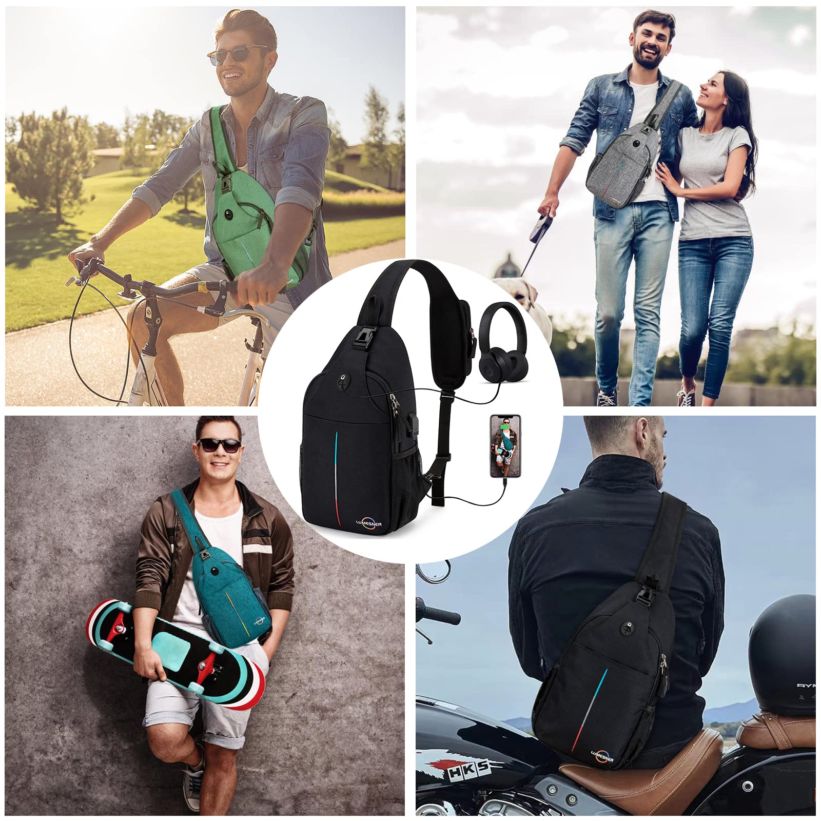 Lumesner Sling Bag Crossbody Sling Backpack with USB Charging Port,Water Resistant Shoulder Bag for Men Women,Lightweight One Strap Backpack Chest bag for Hiking,Cycling,Biking