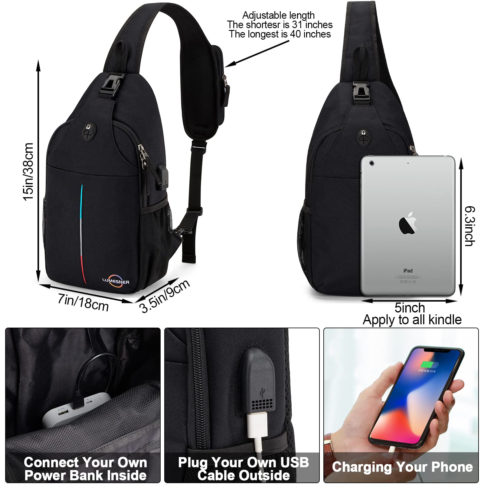 Lumesner Sling Bag Crossbody Sling Backpack with USB Charging Port,Water Resistant Shoulder Bag for Men Women,Lightweight One Strap Backpack Chest bag for Hiking,Cycling,Biking