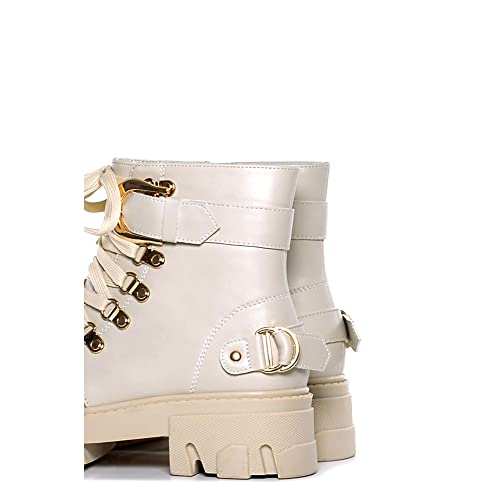 Cape Robbin Juicy Combat Boots for Women, Platform Boots with Chunky Block Heels, Womens Side Zipper High Tops Boots - Off White Size 7