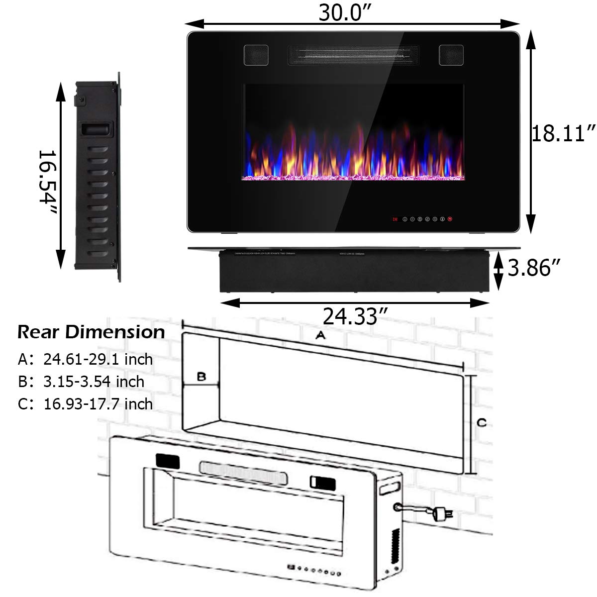 S AFSTAR 30 Inches Electric Fireplace Insert, 750W/1500W Recessed Electric Fireplace w/ 12-Adjustable Flame Color & Speed, Remote Control, Timer, Touch Screen, Electric Fireplace Heater (30” x 18.11”)