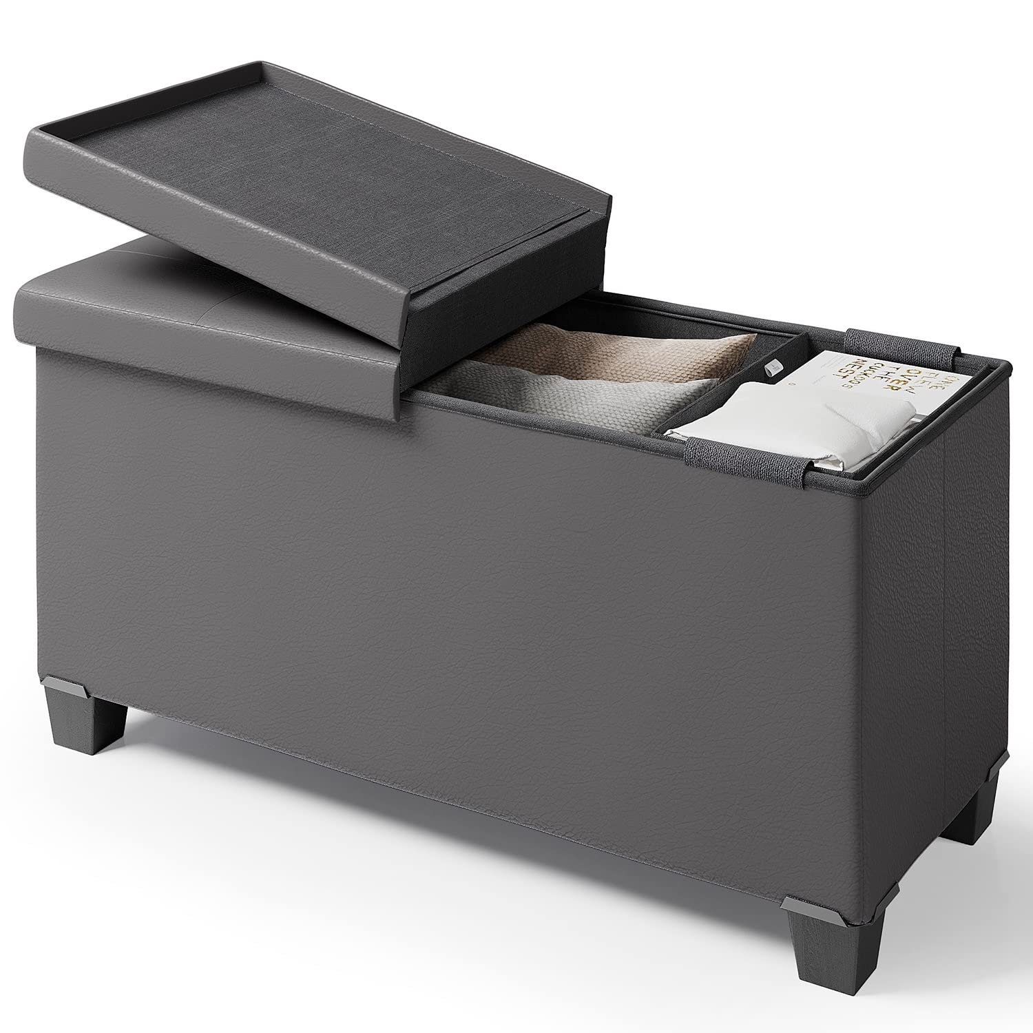 Hearth & Harbor Grey Faux Leather Storage Ottoman Bench with Removable Legs, 30-in, 660-lb Capacity