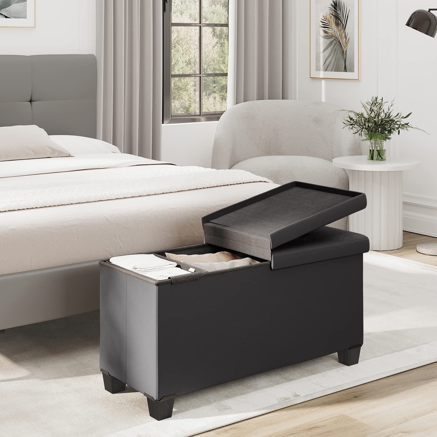 Hearth & Harbor Grey Faux Leather Storage Ottoman Bench with Removable Legs, 30-in, 660-lb Capacity