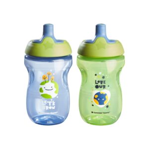 tommee tippee sportee water bottle for toddlers, spill-proof, playful and colorful designs, easy to hold design, 10oz, 12m+, 2 count, blue and green