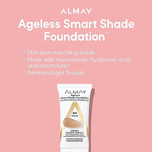 Almay Anti-Aging Foundation, Smart Shade Face Makeup with Hyaluronic Acid, Niacinamide, Vitamin C & E, Hypoallergenic-Fragrance Free, 300 Medium, 1 Fl Oz (Pack of 1)