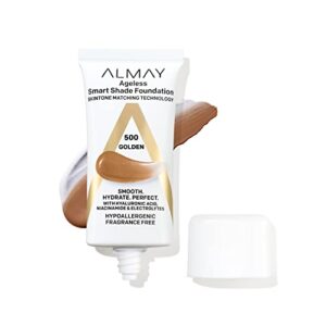 almay anti-aging foundation, smart shade face makeup with hyaluronic acid, niacinamide, vitamin c & e, hypoallergenic-fragrance free, 500 golden, 1 fl oz (pack of 1)