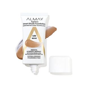 almay anti-aging foundation, smart shade face makeup with hyaluronic acid, niacinamide, vitamin c & e, hypoallergenic, -fragrance free, 400 beige, 1 fl oz (pack of 1)
