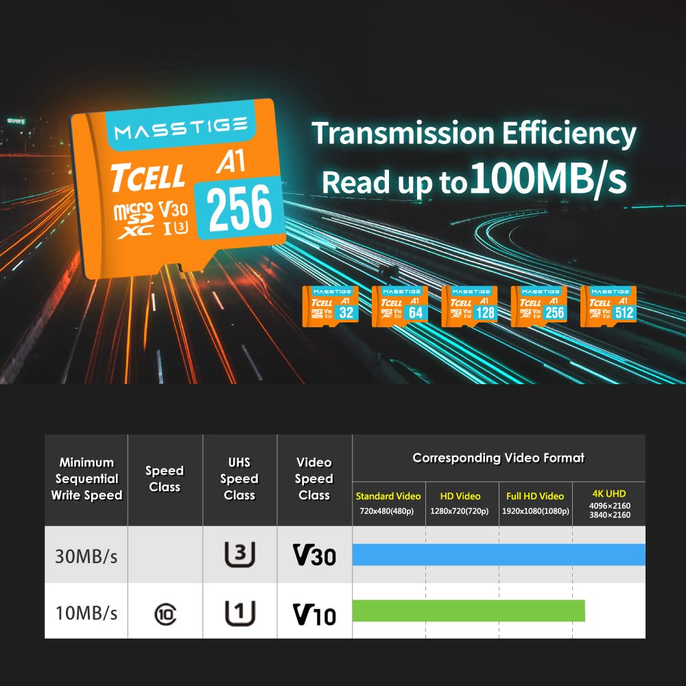 TCELL MASSTIGE 64GB microSDXC Memory Card with Adapter - A1, UHS-I U1, V10, Micro SD Card, Read up to 100 MB/s, Full HD