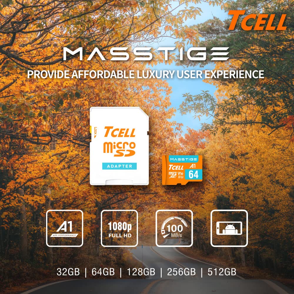 TCELL MASSTIGE 64GB microSDXC Memory Card with Adapter - A1, UHS-I U1, V10, Micro SD Card, Read up to 100 MB/s, Full HD