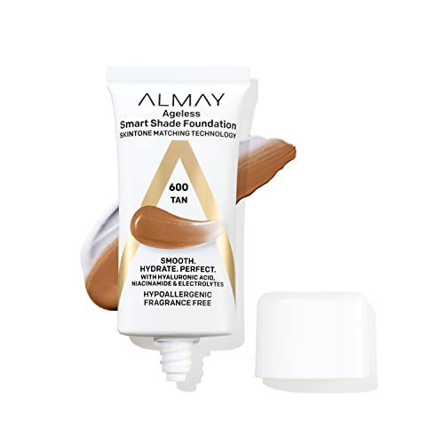 Almay Anti-Aging Foundation, Smart Shade Face Makeup with Hyaluronic Acid, Niacinamide, Vitamin C & E, Hypoallergenic-Fragrance Free, 600 Tan, 1 Fl Oz (Pack of 1)