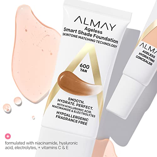 Almay Anti-Aging Foundation, Smart Shade Face Makeup with Hyaluronic Acid, Niacinamide, Vitamin C & E, Hypoallergenic-Fragrance Free, 600 Tan, 1 Fl Oz (Pack of 1)