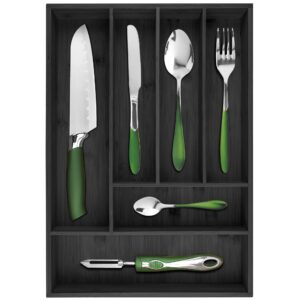 pristine bamboo silverware tray organizer– flatware utensil cutlery silverware holder for drawer – small extra-deep wooden kitchen drawer organizer divider for spoons forks knives (6-slots, black)