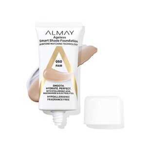 almay anti-aging foundation, smart shade face makeup with hyaluronic acid, niacinamide, vitamin c & e, hypoallergenic-fragrance free, 050 fair, 1 fl oz (pack of 1)