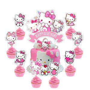 25pcs kitty cake decorations with 1pcs cake topper, 24pcs cupcake toppers for girls birthday party decorations