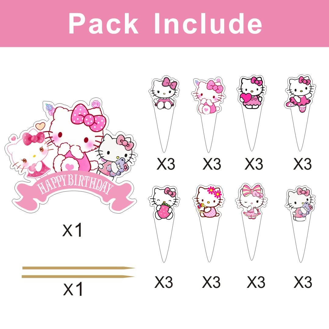 25pcs Kitty Cake Decorations with 1pcs Cake Topper, 24pcs Cupcake Toppers for Girls Birthday Party Decorations