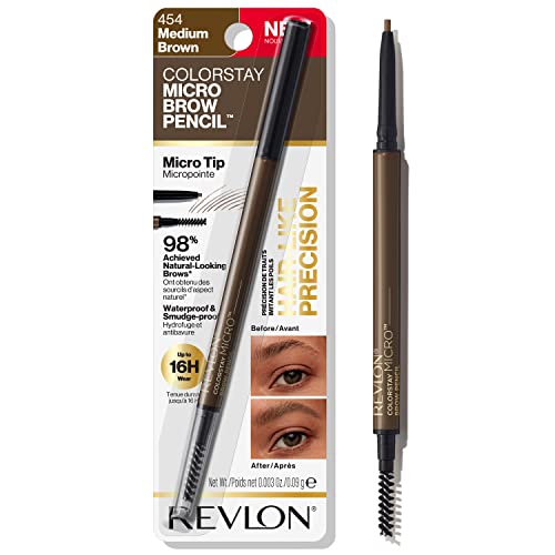 Revlon ColorStay Micro Eyebrow Pencil with Built In Spoolie Brush, Infused with Argan and Marula Oil, Waterproof, Smudgeproof, 454 Medium Brown (Pack of 1)