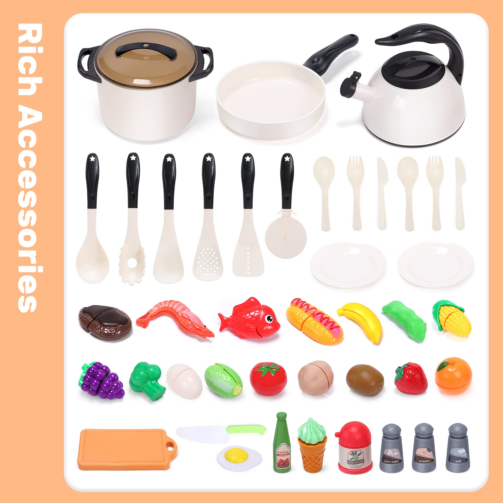 CUTE STONE Play Kitchen Accessories Toy, Play Food Sets for Kids Kitchen, Toddler Kitchen Set for Kids with Play Pots, Pans, Kids Kitchen Playset, Play Kitchen Toys for Girls Boys