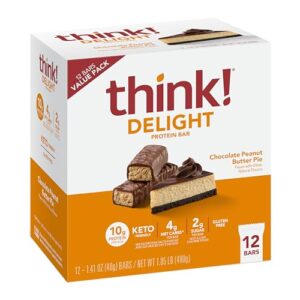 think! delight, keto protein bars, healthy low carb, gluten free snack - chocolate peanut butter pie, 12 count (packaging may vary)