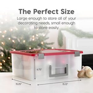 IRIS USA 26.7 Quart Portable Divider Christmas Storage Bin, 4-Compartment Container Tote Box with Removable Dividers for Ornaments Banners Garlands Decorative Cloths Pinecones Puppets, Clear/Red