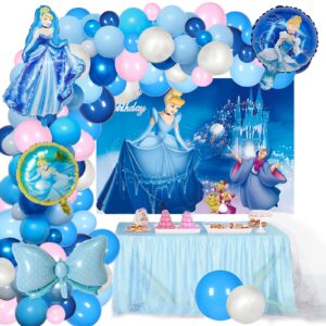 108 pcs cinderella themed party decoration balloon garland set cinderella birthday party supplies includes happy birthday background, 100 latex balloons, 5 foil balloons for kids birthday party