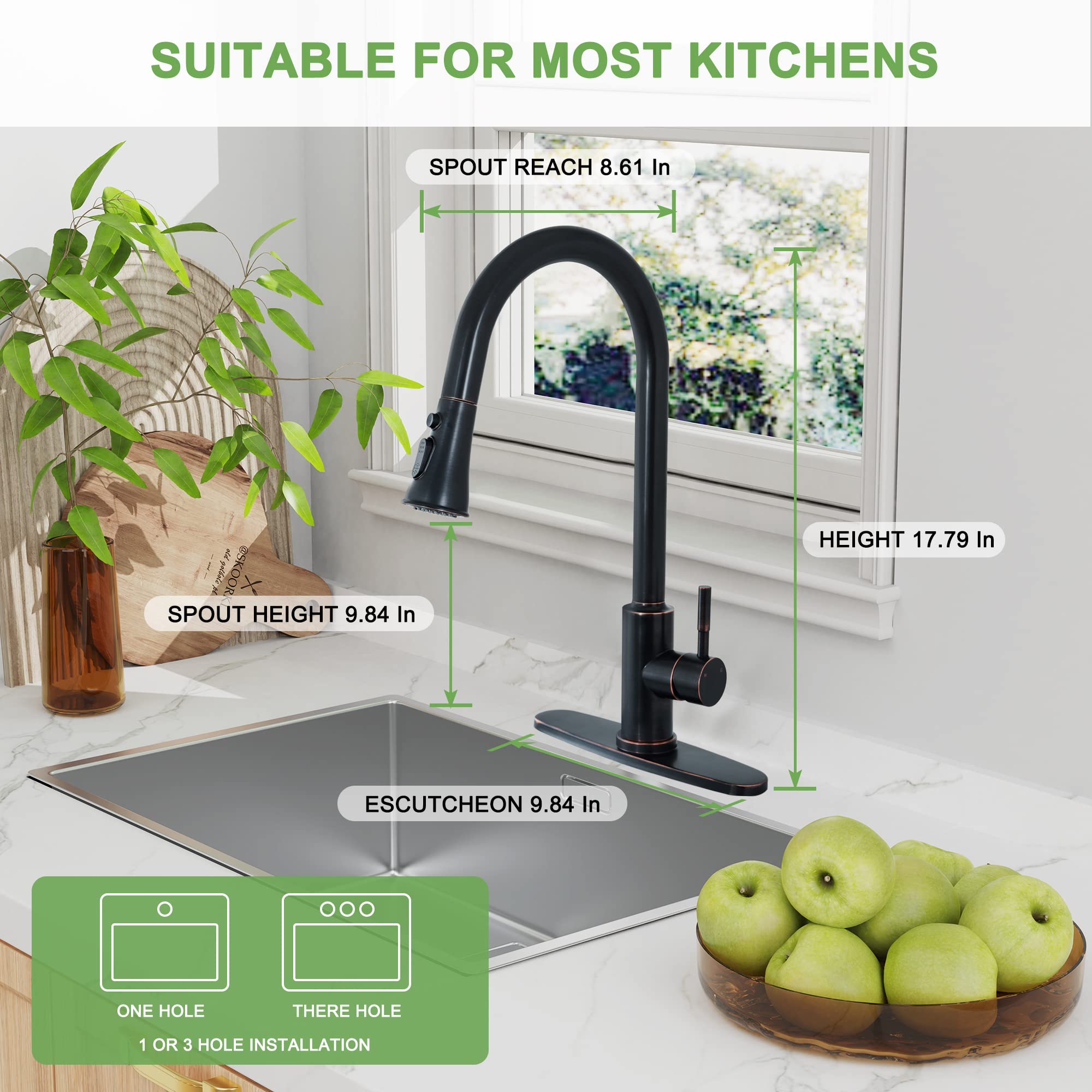 PHICHI Oil Rubbed Bronze Kitchen Faucet with Pull Down Sprayer, High Arc Stainless Steel Pull Out Single Handle 1 Or 3 Hole Sink Faucets with Deck Plate, Grifos De Cocina