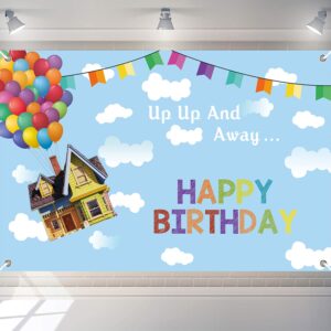 up happy birthday background banner blue sky white cloud balloon party decoration photography background banner 7x5 ft
