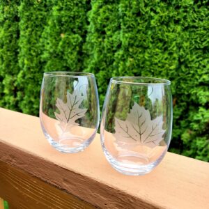 Fall leaves glass set, etched wine glass, etched maple leaf glass, oak leaf glass, stemless barware, for wine lovers, hostess gift